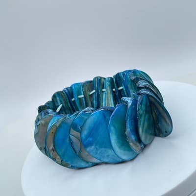 Nautical-Themed Elastic Cord Blue Iridescent Abalone Shell Tile Stretch Bracelet - Thumbnail 4