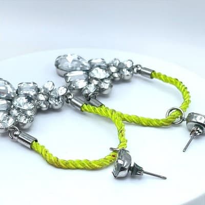 Silver-Tone Neon Green Cord Wing-Shape Clear Rhinestones Statement Drop Earrings - Thumbnail 6