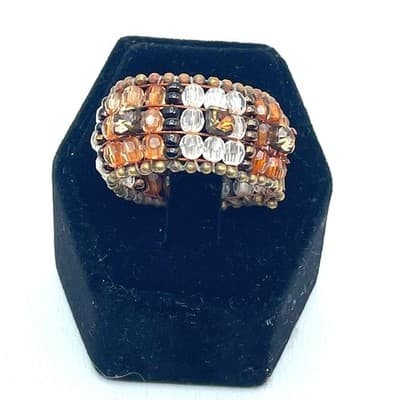 Vintage Bronze-Tone Amber Clear Brown Rhinestones Faceted Glass Beads Ring - Thumbnail 3