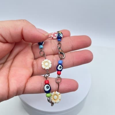 Handmade Copper-Tone Multicolor Evil Eye Flower Glass Beads Lobster Bracelet - Thumbnail 3