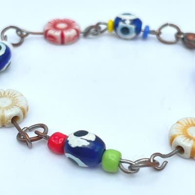 Handmade Copper-Tone Multicolor Evil Eye Flower Glass Beads Lobster Bracelet - Thumbnail 7