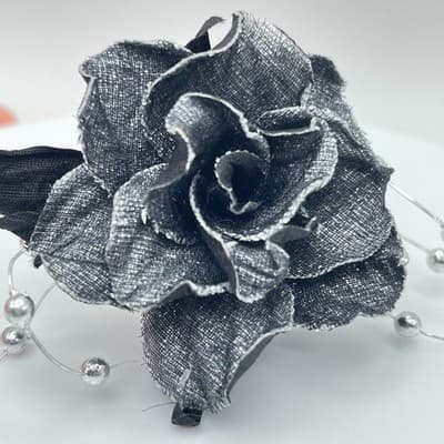 Gothic Glamour Dark Gray Artisan Metal Fring Sinamay Rose Flower Cocktail Ring - Thumbnail 9