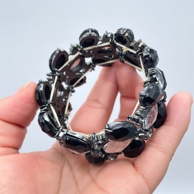 Vintage Black Clear Faceted Rhinestone Glass Teardrop Bead Rose Stretch Bracelet - Thumbnail 3