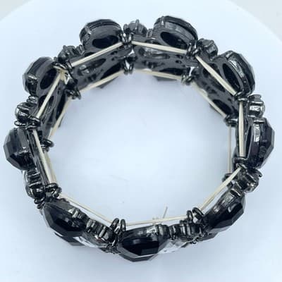 Vintage Black Clear Faceted Rhinestone Glass Teardrop Bead Rose Stretch Bracelet - Thumbnail 5