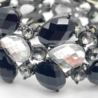 Vintage Black Clear Faceted Rhinestone Glass Teardrop Bead Rose Stretch Bracelet - Thumbnail 6