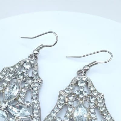 Silver-Tone Crystal Rhinestone Embellish Art Deco Style Chandelier Drop Earrings - Thumbnail 5