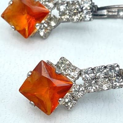 VTG Silver-Tone Rhinestone Amber-Colored Square-Cut Deep Glass Stud Earrings - Thumbnail 2
