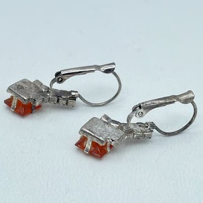 VTG Silver-Tone Rhinestone Amber-Colored Square-Cut Deep Glass Stud Earrings - Thumbnail 6