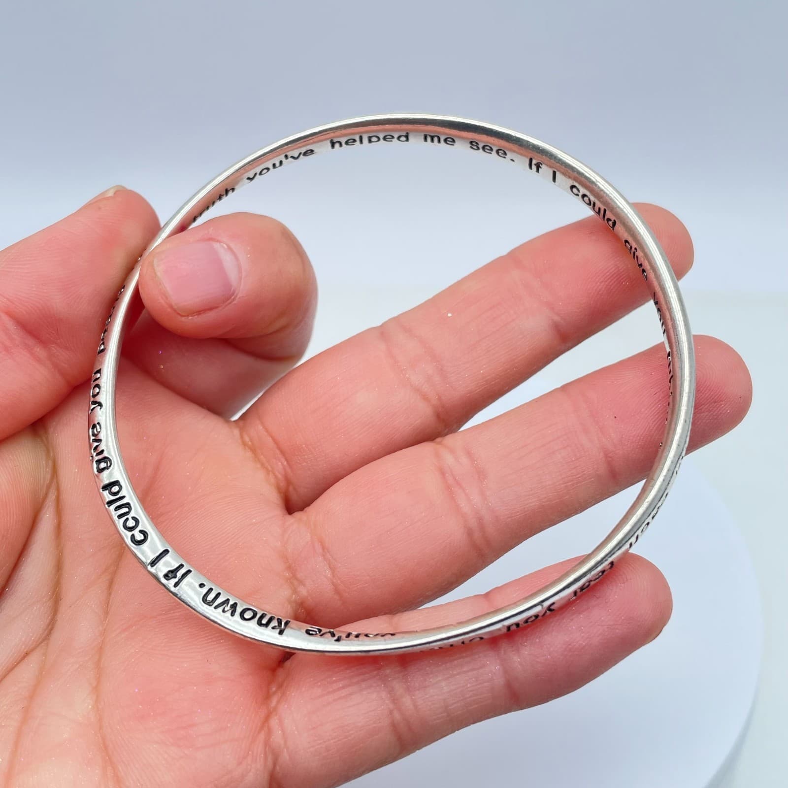 Silver-Tone Engraved Text "St. Francis Prayer" Mobius Strip Inscription Bangle - Thumbnail 6