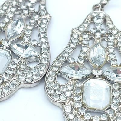 Silver-Tone Crystal Rhinestone Embellish Art Deco Style Chandelier Drop Earrings - Thumbnail 4