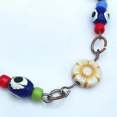 Handmade Copper-Tone Multicolor Evil Eye Flower Glass Beads Lobster Bracelet - Thumbnail 8