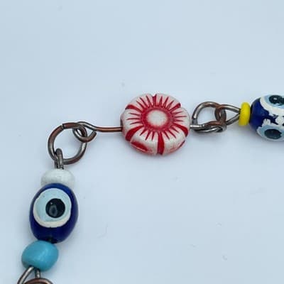 Handmade Copper-Tone Multicolor Evil Eye Flower Glass Beads Lobster Bracelet - Thumbnail 9