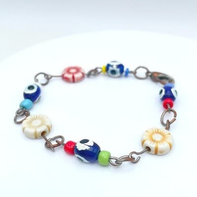 Handmade Copper-Tone Multicolor Evil Eye Flower Glass Beads Lobster Bracelet - Thumbnail 2