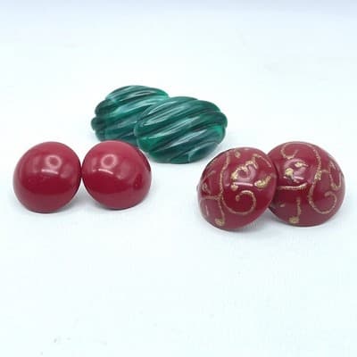 Lot of 3 VTG Silver-Tone Malachite-Style Green Burgundy Button Stud Earrings