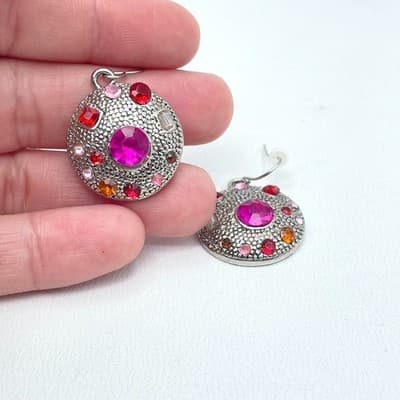 Vintage Silver-Tone Pink Red Rhinestone Embellished Round Dome Dangle Earrings - Thumbnail 5