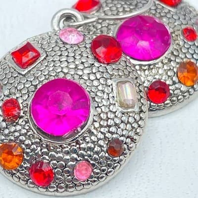 Vintage Silver-Tone Pink Red Rhinestone Embellished Round Dome Dangle Earrings - Thumbnail 2