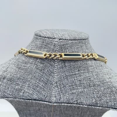 Classic Gold-Tone Flush-Set Enamel Inlay Metal Rectangular Chain Link Necklace - Thumbnail 6
