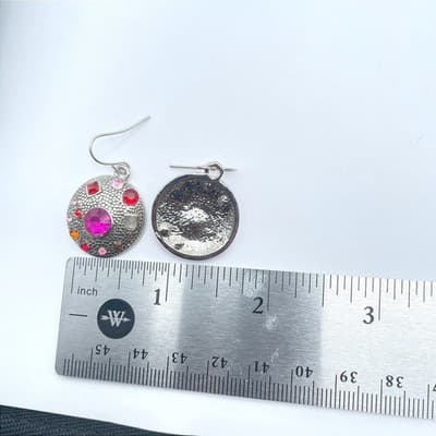Vintage Silver-Tone Pink Red Rhinestone Embellished Round Dome Dangle Earrings - Thumbnail 6