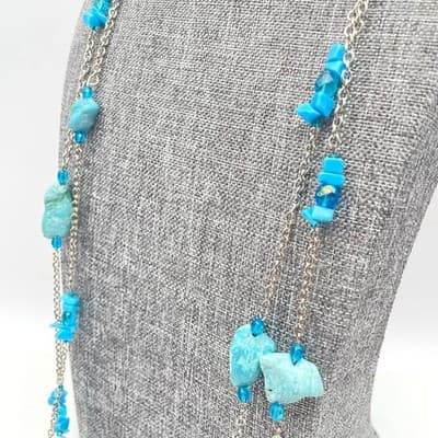 Vintage Silver-Tone Round Link Chain Natural Turquoise Beads Station Neckalce - Thumbnail 4