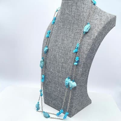 Vintage Silver-Tone Round Link Chain Natural Turquoise Beads Station Neckalce - Thumbnail 3