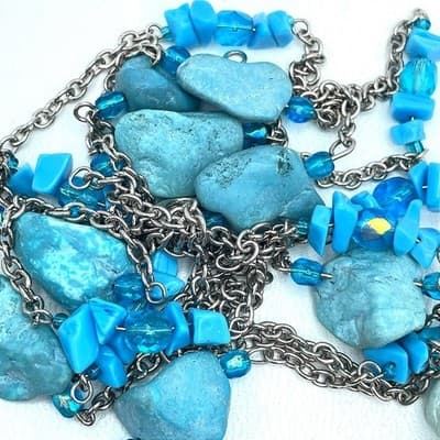 Vintage Silver-Tone Round Link Chain Natural Turquoise Beads Station Neckalce - Thumbnail 2