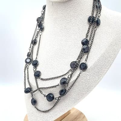 Classic Silver-Tone Black Bezel Faceted Glass Beads Triple Strand Chain Necklace - Thumbnail 2