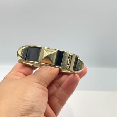 Vintage 80s Gold Tone Black Enamel Pyramid Stud Hinge Bangle Bracelet Fashion - Thumbnail 8