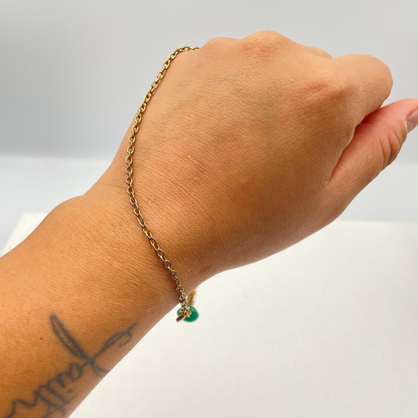 Vintage 90s Gold Tone Green Jadeite Glass Link Chain Bracelet Statement Jewelry - Thumbnail 6