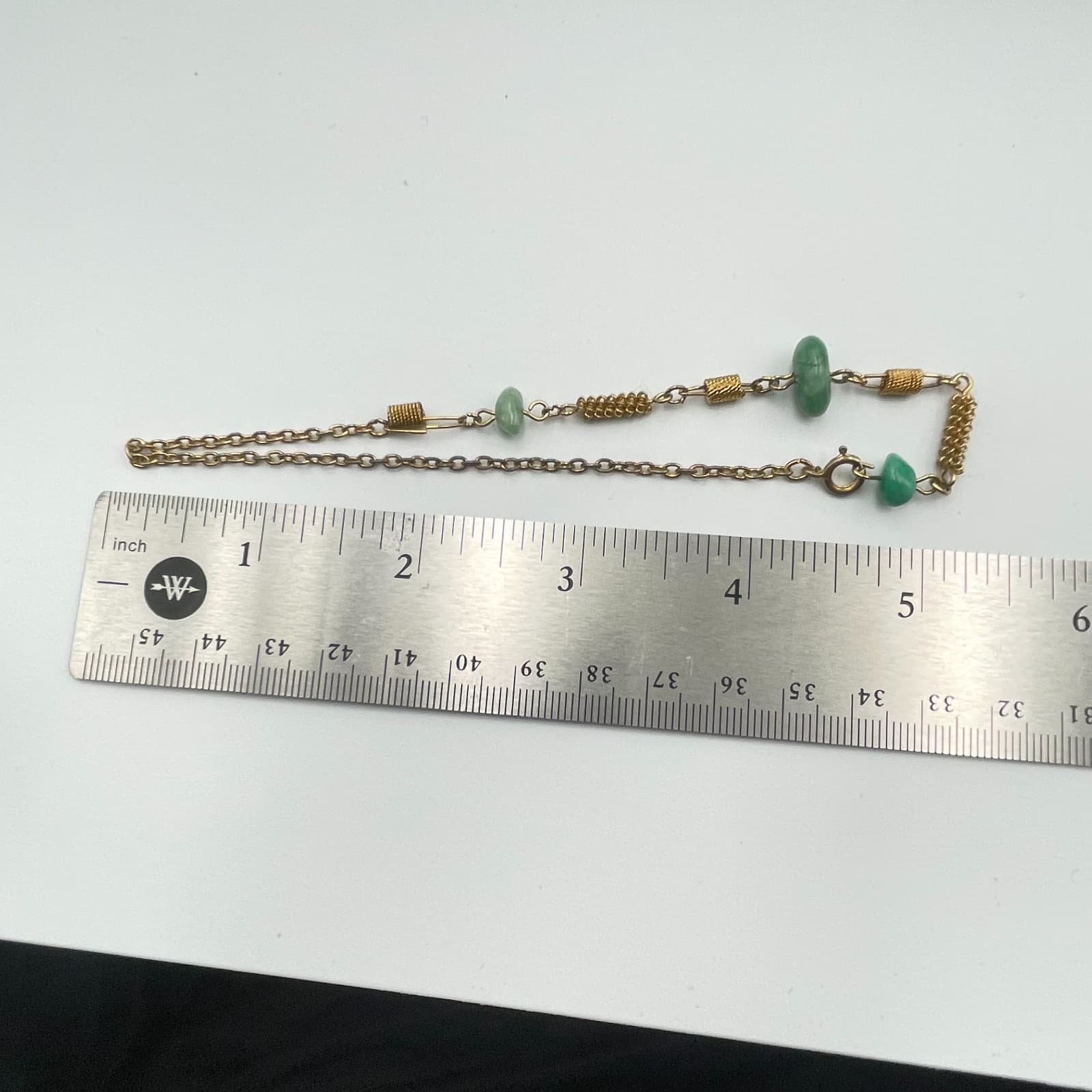 Vintage 90s Gold Tone Green Jadeite Glass Link Chain Bracelet Statement Jewelry - Thumbnail 9