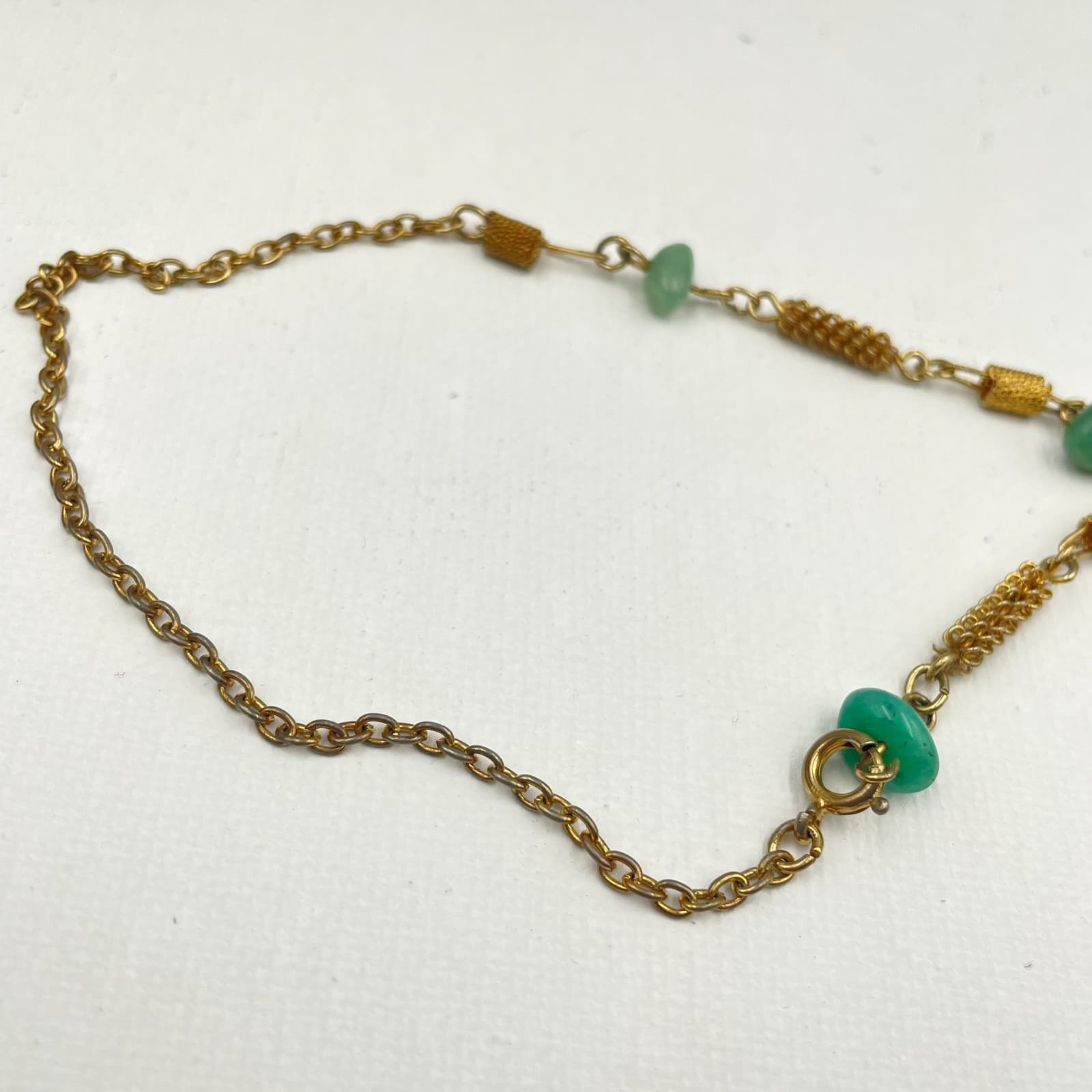 Vintage 90s Gold Tone Green Jadeite Glass Link Chain Bracelet Statement Jewelry - Thumbnail 2