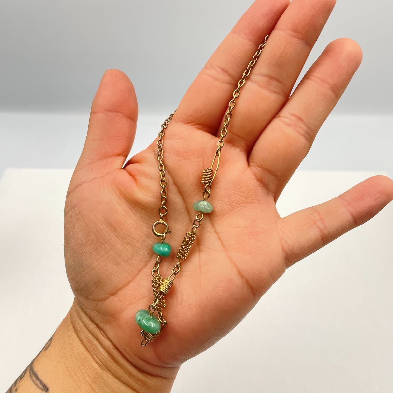 Vintage 90s Gold Tone Green Jadeite Glass Link Chain Bracelet Statement Jewelry - Thumbnail 7