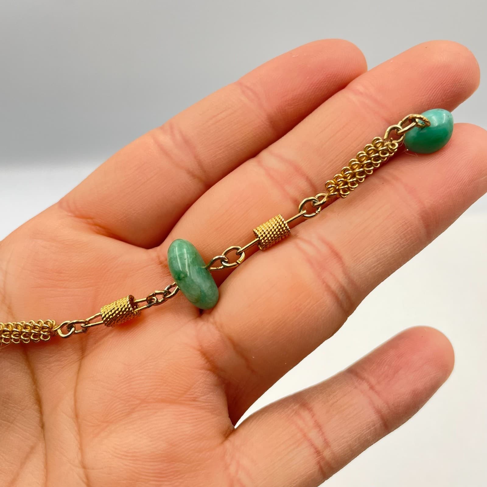 Vintage 90s Gold Tone Green Jadeite Glass Link Chain Bracelet Statement Jewelry - Thumbnail 8