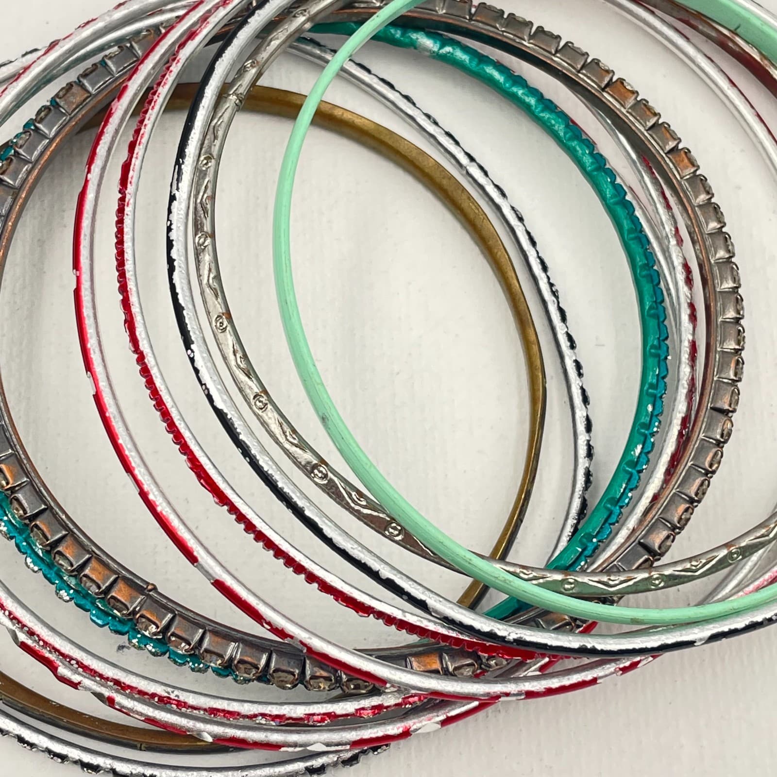 Vintage 80s 90s Bangles Set Glass Stone Enamel Women's Classic Fashion Jewelry - Thumbnail 2