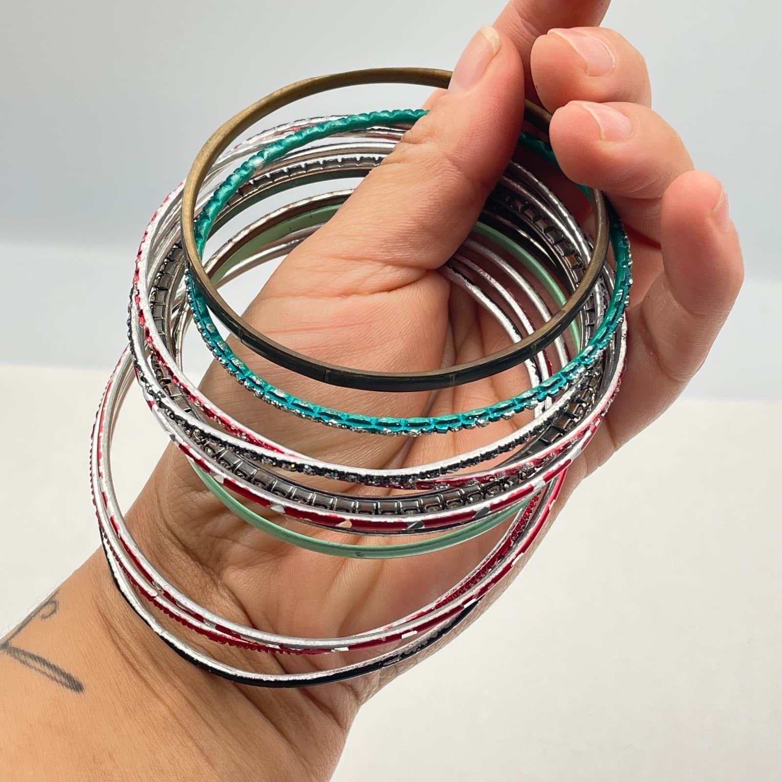 Vintage 80s 90s Bangles Set Glass Stone Enamel Women's Classic Fashion Jewelry - Thumbnail 14