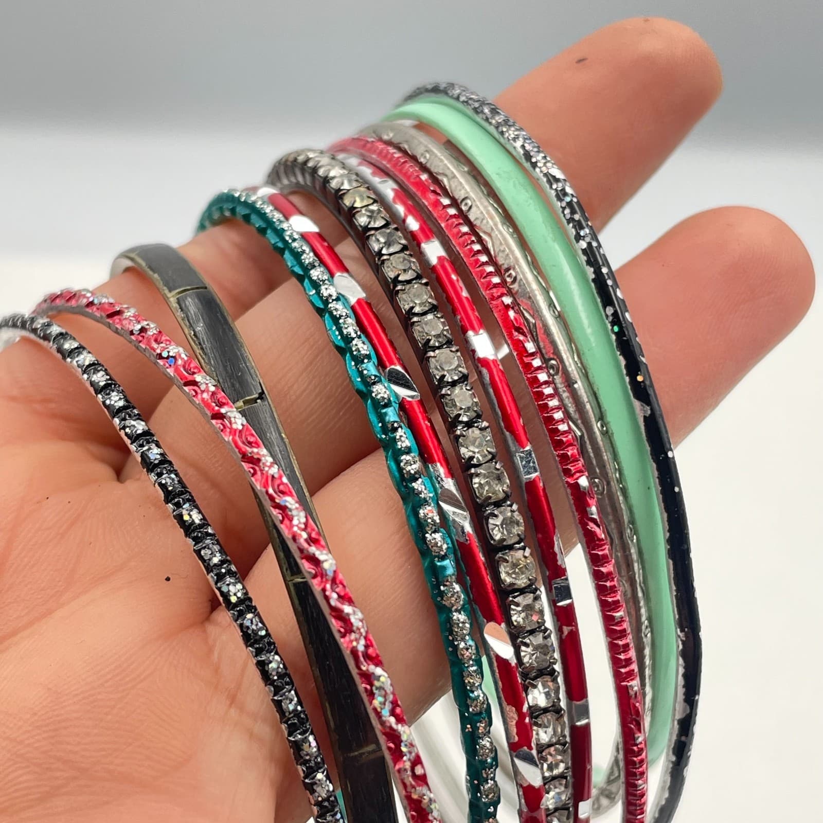 Vintage 80s 90s Bangles Set Glass Stone Enamel Women's Classic Fashion Jewelry - Thumbnail 16