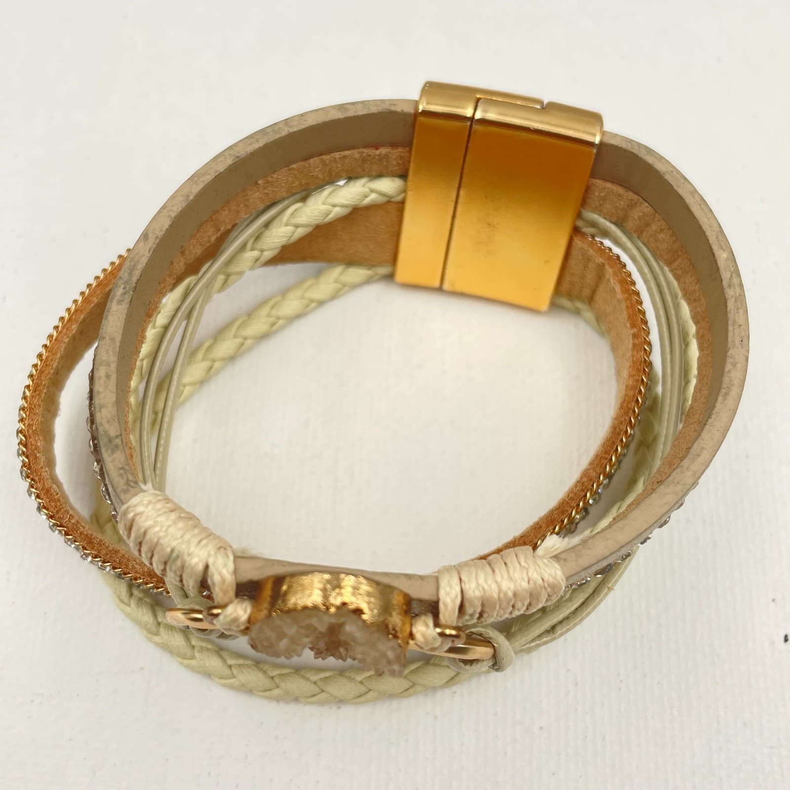 Vintage Y2K Multi-Layer Leather Cuff Bracelet Gold Tone Heart Glass Boho Jewelry - Thumbnail 3