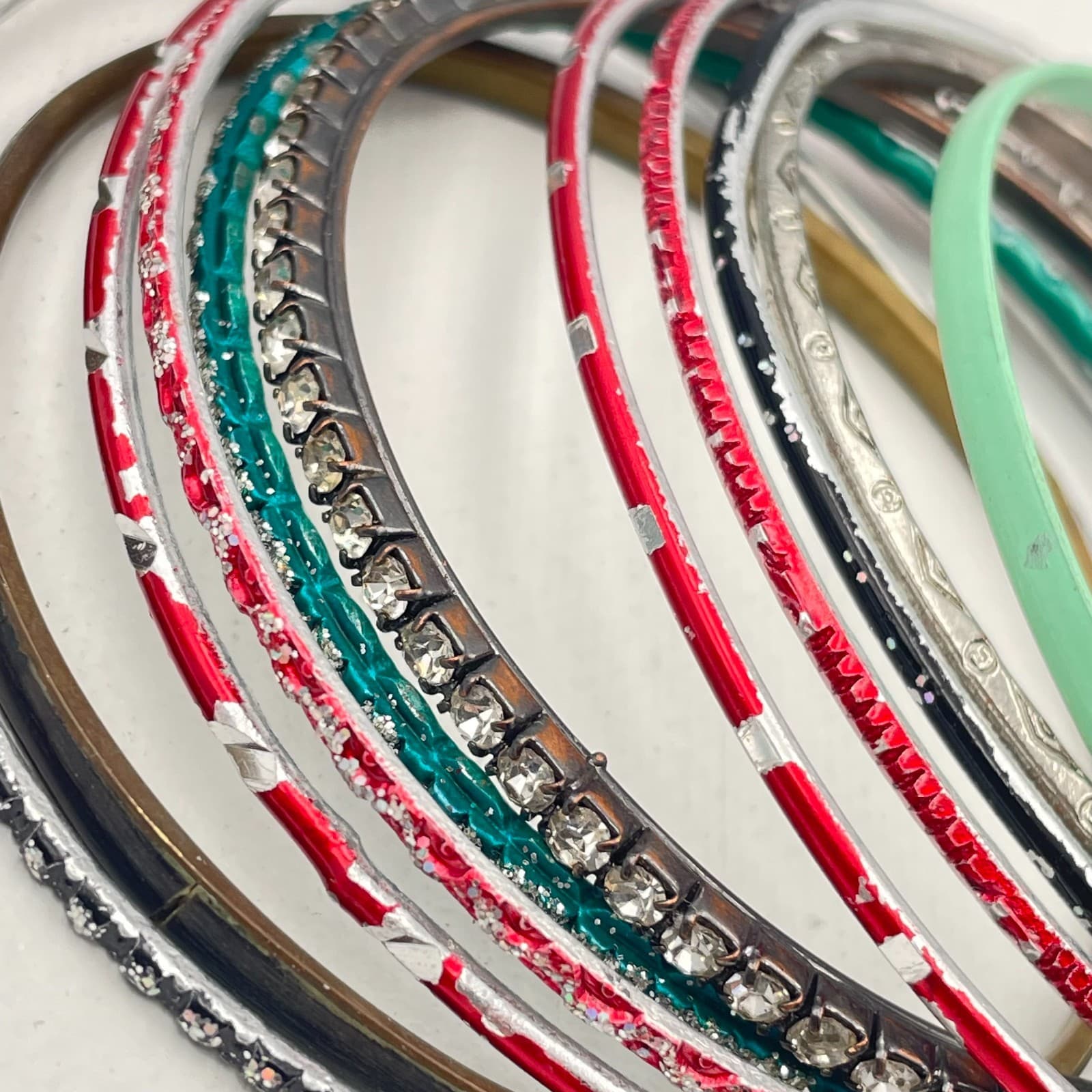 Vintage 80s 90s Bangles Set Glass Stone Enamel Women's Classic Fashion Jewelry - Thumbnail 3