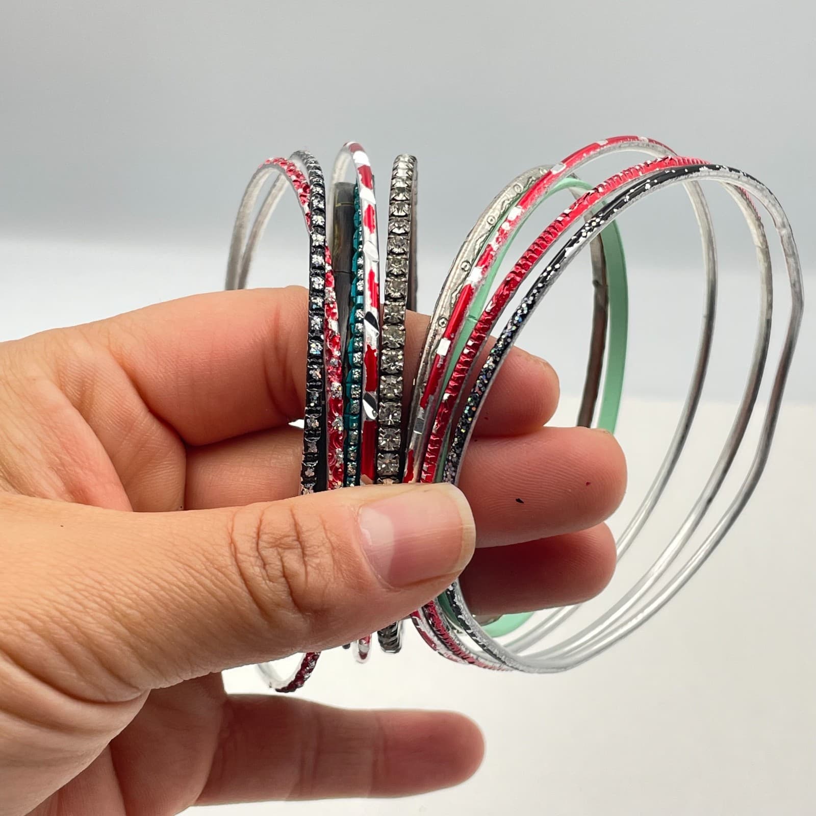 Vintage 80s 90s Bangles Set Glass Stone Enamel Women's Classic Fashion Jewelry - Thumbnail 15