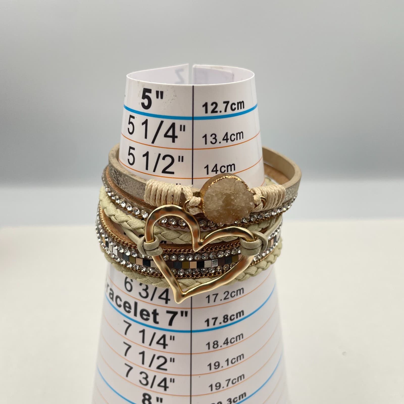 Vintage Y2K Multi-Layer Leather Cuff Bracelet Gold Tone Heart Glass Boho Jewelry - Thumbnail 10