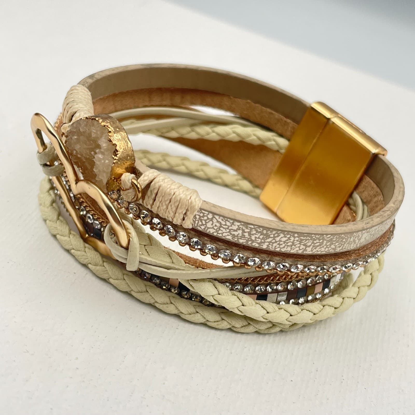 Vintage Y2K Multi-Layer Leather Cuff Bracelet Gold Tone Heart Glass Boho Jewelry - Thumbnail 4