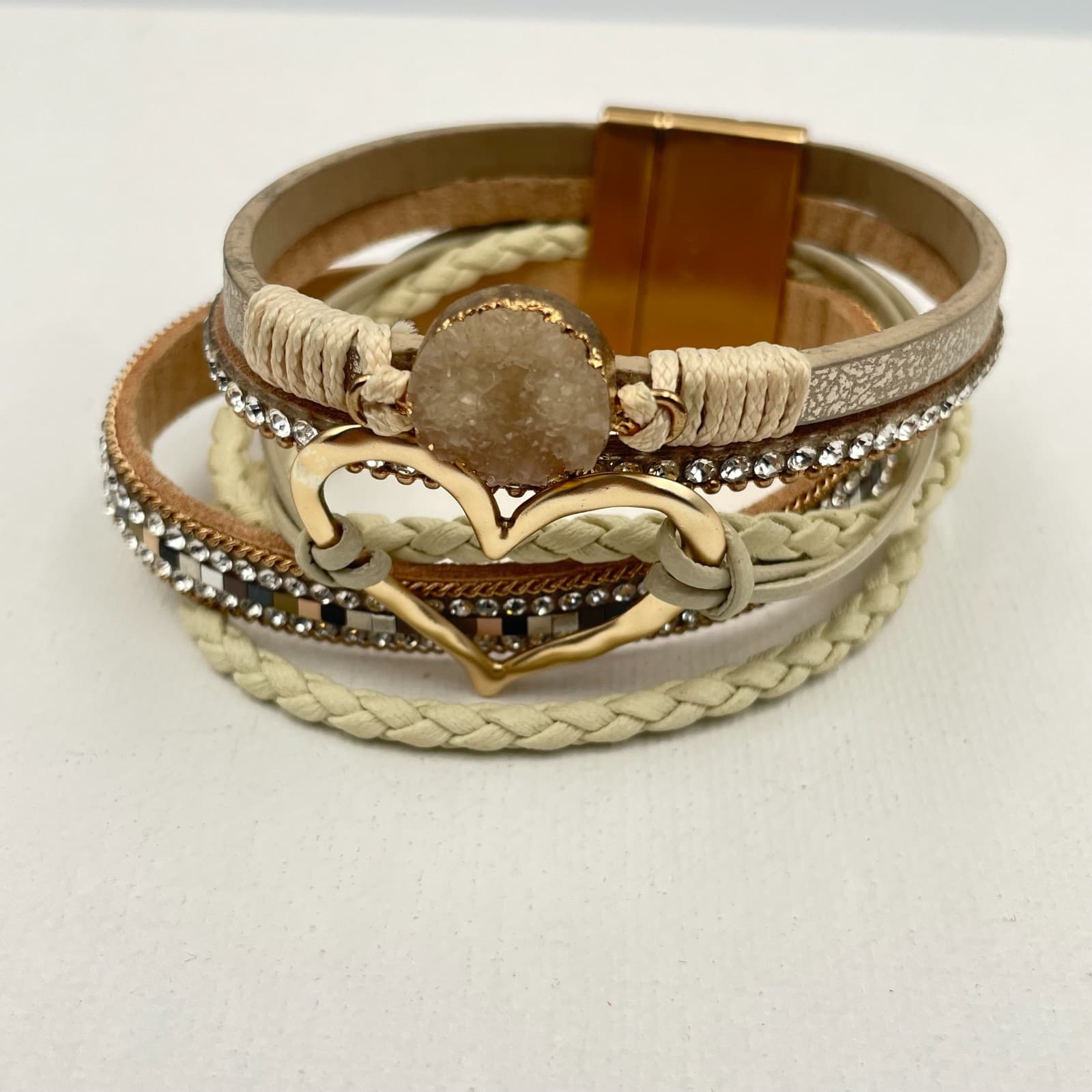 Vintage Y2K Multi-Layer Leather Cuff Bracelet Gold Tone Heart Glass Boho Jewelry - Thumbnail 2