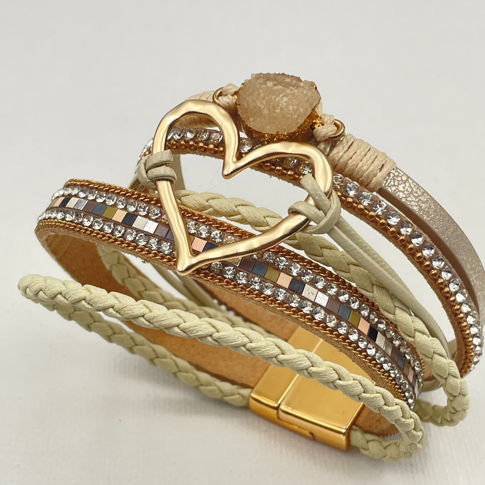 Vintage Y2K Multi-Layer Leather Cuff Bracelet Gold Tone Heart Glass Boho Jewelry - Thumbnail 6