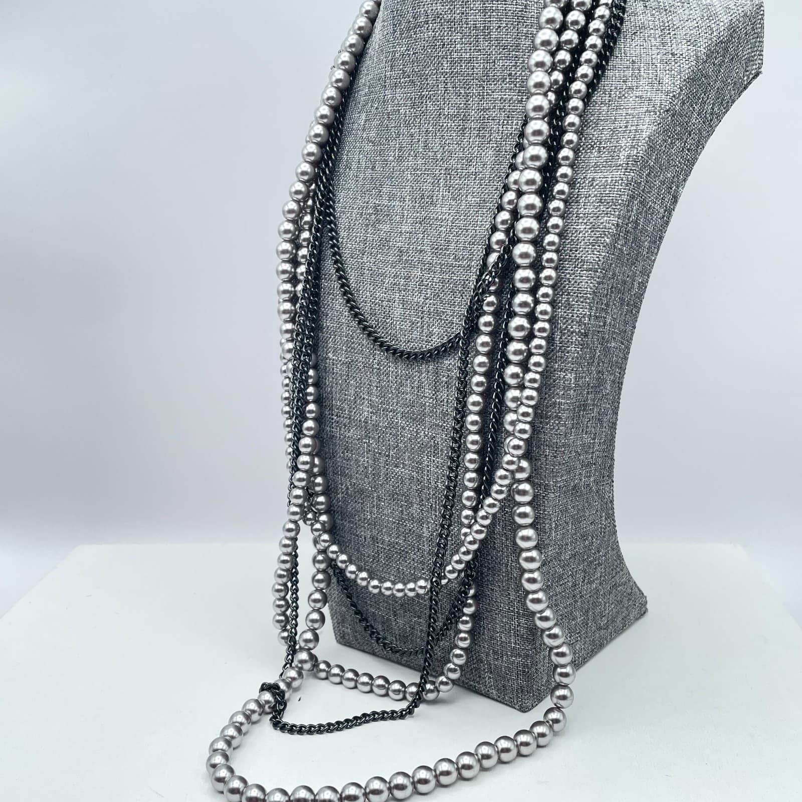 Vintage Y2K Multi Strand Gray Faux Pearl Chain Statement Necklace Heaped Jewelry - Thumbnail 2