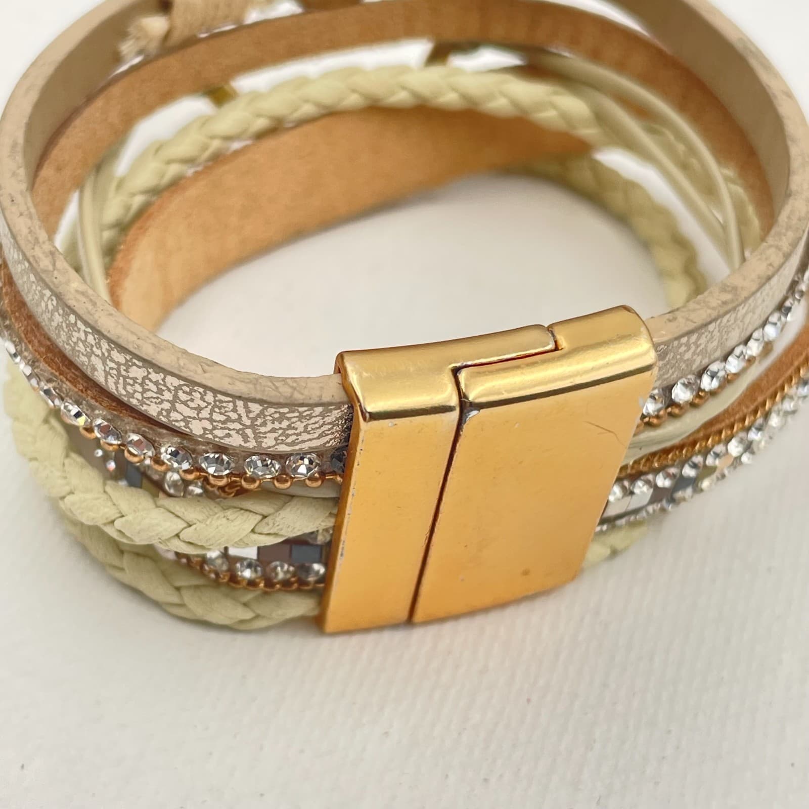 Vintage Y2K Multi-Layer Leather Cuff Bracelet Gold Tone Heart Glass Boho Jewelry - Thumbnail 5