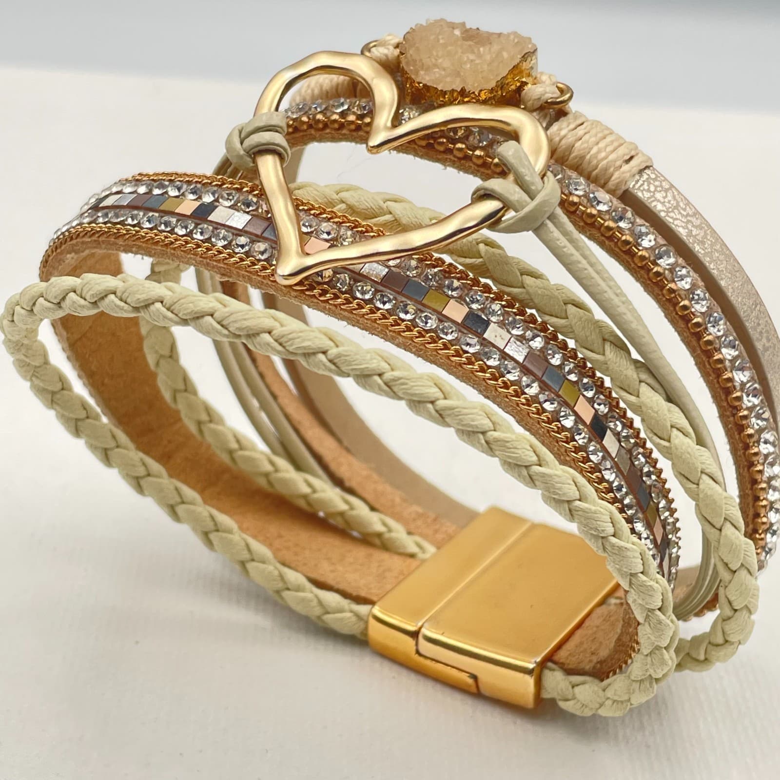 Vintage Y2K Multi-Layer Leather Cuff Bracelet Gold Tone Heart Glass Boho Jewelry - Thumbnail 7