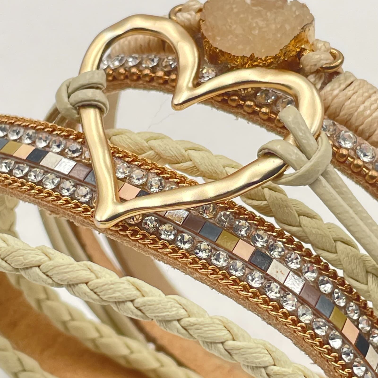Vintage Y2K Multi-Layer Leather Cuff Bracelet Gold Tone Heart Glass Boho Jewelry - Thumbnail 8
