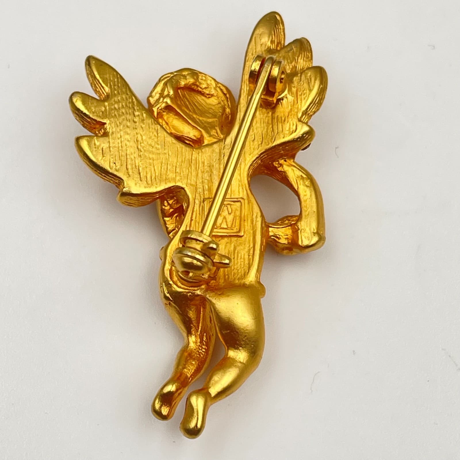 Vintage 90s Gold Tone Cherub Angel Brooch Pin Glass Accents Cupid Wings Jewelry - Thumbnail 4