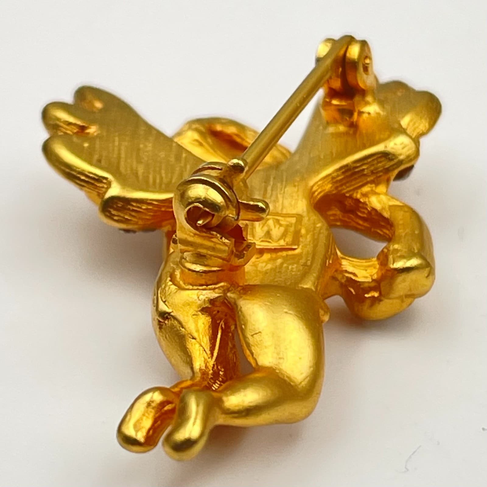 Vintage 90s Gold Tone Cherub Angel Brooch Pin Glass Accents Cupid Wings Jewelry - Thumbnail 5
