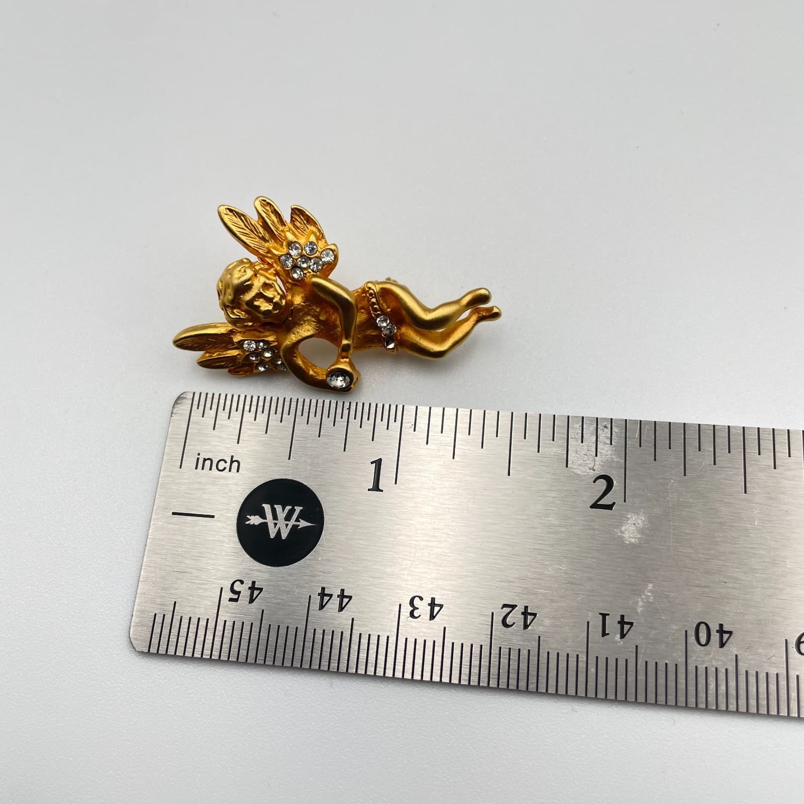 Vintage 90s Gold Tone Cherub Angel Brooch Pin Glass Accents Cupid Wings Jewelry - Thumbnail 7