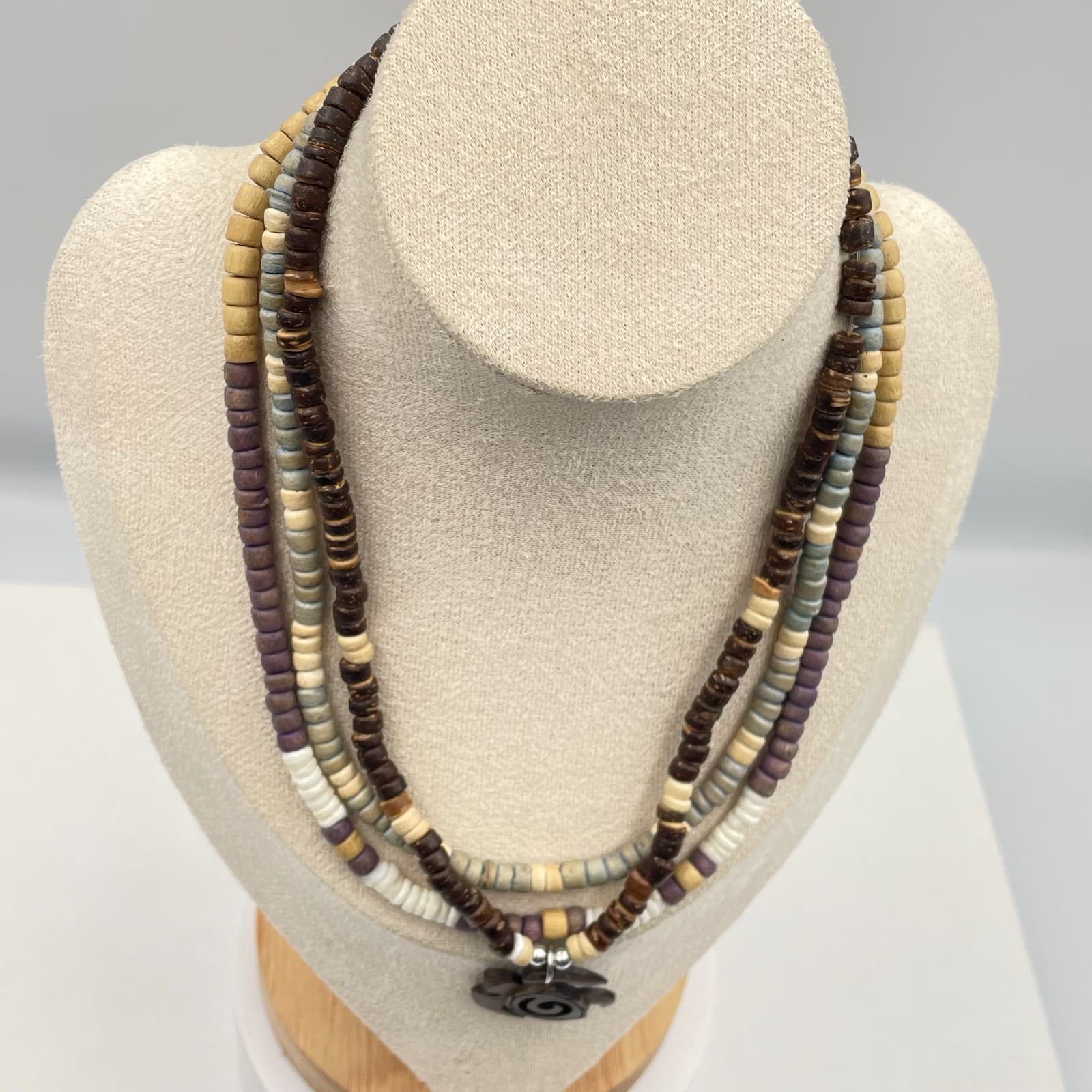 Vintage 90s Wood Bead Necklaces Set Brown Turtle Pendant Tropical Boho Jewelry - Thumbnail 2